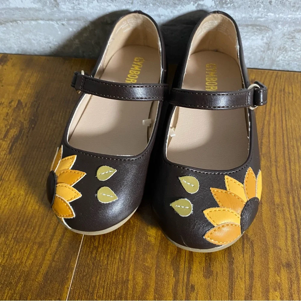 Gymboree Girls Brown Mary Jane Shoes Yellow Sunflower Accent toddler baby size 7